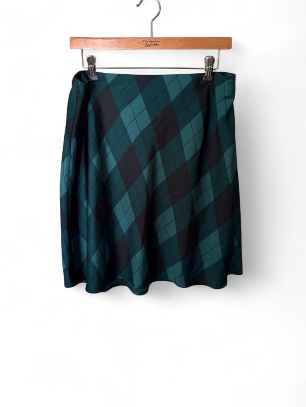 J. Crew green and black argyle polyester skirt 
Size Large dark academia punk